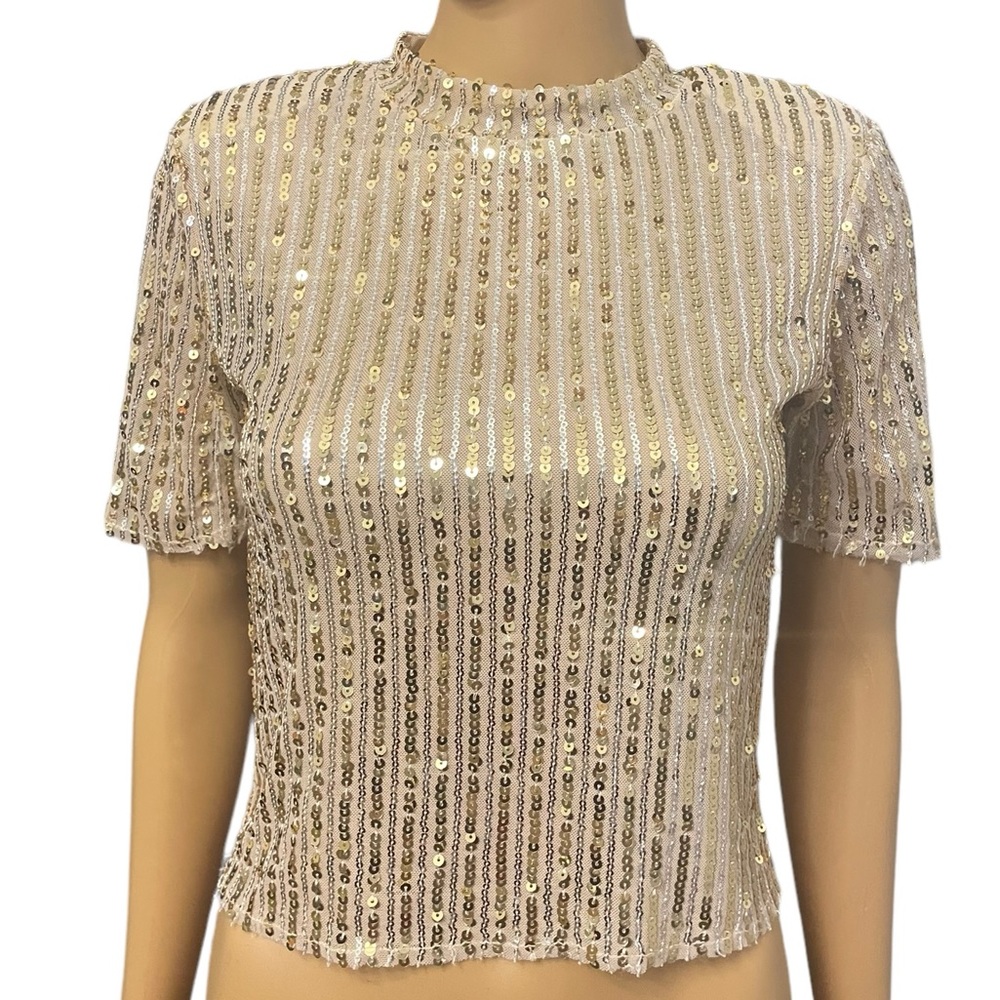 ZARA Gold & Silver Sequin Top W/ Shoulder Pads - Picture 1 of 5